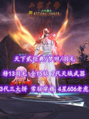 【天下贰经典/梦回/羽毛（重击）】榜13羽毛！全15钻！2代天域武器&3代三大饼！常驻穿精！4星606老虎！“开阳+业火”时装外观——乄牛满仓