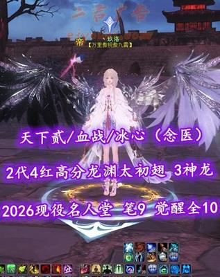 【天下贰/血战/冰心（念医）】2026现役名人堂！全“穿刺化解”炼化！笔9！双3境界马！觉醒全10！2代顶级4红高分龙渊太初翅+3神龙+多至臻翅+多神临时装等外观——丶玖洛