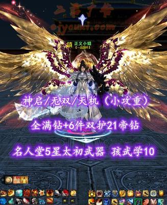 【神启/无双/天机（小攻重）】全满钻+6件双护21帝钻！名人堂5星太初武器！孩武学10！笔8！2代常规4满双6000龙渊太初翅膀+豪华外观——正义小姐