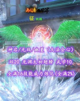 【神启/无双/幽篁（大法会心）】双20！龙渊太初翅膀！全满16技能威力炼化(全满2%)！武学10！双大禹镯——有顾