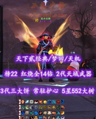【天下贰经典/梦回/天机（念）】榜22天机！73级！红烧全14钻！2代天域武器&3代三大饼！常驻护心！5星552大树！三系高级马！“业火+开阳”外观——孤舟放鹤