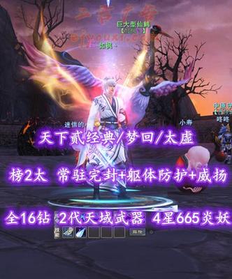 【天下贰经典/梦回/太虚】榜2太虚！73级！全16钻！常驻完封+躯体防护+威扬！2代天域武器！4星665炎妖！3系全80满级马！开阳+业火外观——如枫丶