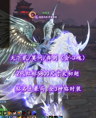 【天下贰/莫问/弈剑（会心魂）】2代红标5800尺寸太初翅+钻石土豪马+全3神临时装！笔8！3境江湖——剑惊圣