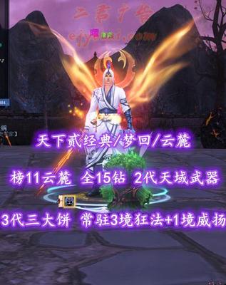 【天下贰经典/梦回/云麓】榜11云麓！全15钻！73级！2代天域武器&3代三大饼！常驻3境狂法+1境威扬！3系高级马+高灵光！“业火+开阳”全外观——唐弈