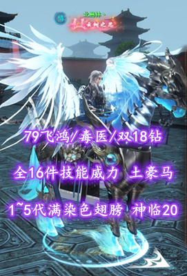 【79飞鸿/毒医】双18钻+全16件技能威力+1~5代满染色翅膀+土豪马+神临20+副本套齐——林北北