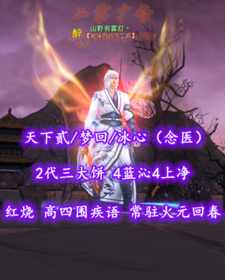 【天下贰/梦回/冰心（念医）】红烧！高四围+高疾语！2代三大饼+4蓝沁4上净！常驻“火元+回春”特技！4星花草！江湖小八已学——山野有雾灯丶