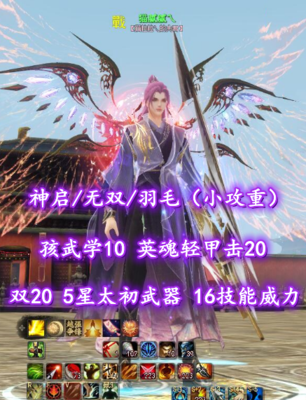 【神启/无双/羽毛（小攻重）】双20！5星太初武器！全16技能威力！孩武学10+英魂轻甲击20！2代龙渊太初翅+传世翅+至臻翅+土豪马——猫腻腻乀