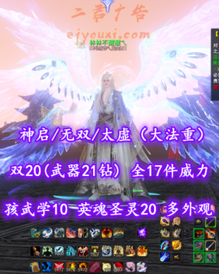 【神启/无双/太虚（大法重）】双20（武器21钻）！全17件技能威力！孩武学10！英魂圣灵20！2代高分4红龙渊太初翅+传世翅+3神龙+多套永久时装——林林不醒醒乀